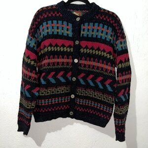 VINTAGE ALPS Women's Wool Blend Long Sleeve Red Fair Isle Cardigan Sweater L